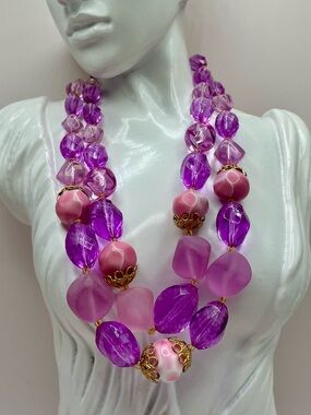 West Germany Vintage Purple and Pink Lucite/Glass Beaded Necklace